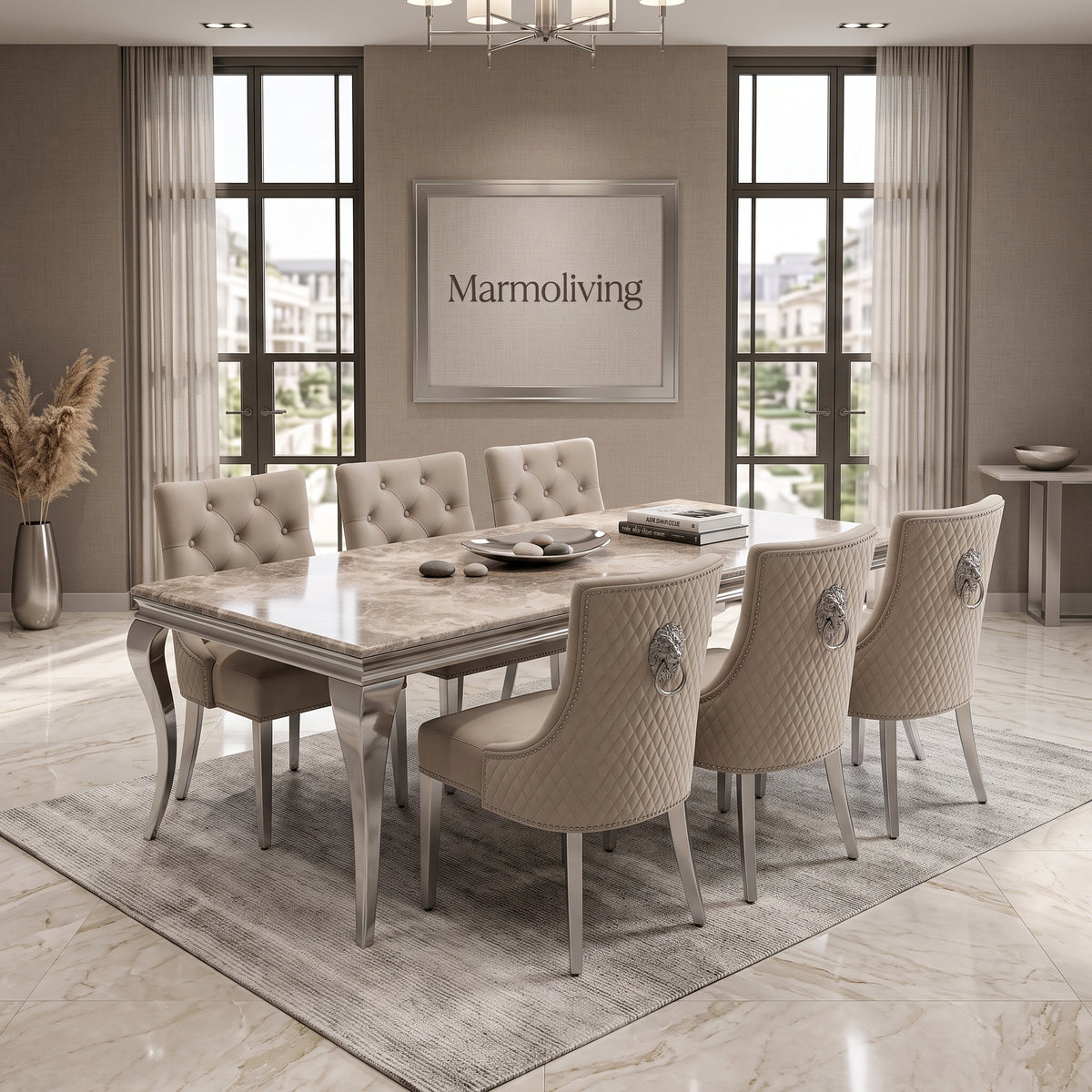 Louis Beige Marble Dining Set with Majestic Mink Velvet Chairs