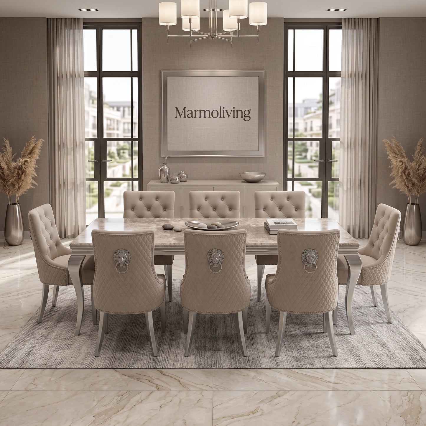 Louis Beige Marble Dining Set with Majestic Mink Velvet Chairs
