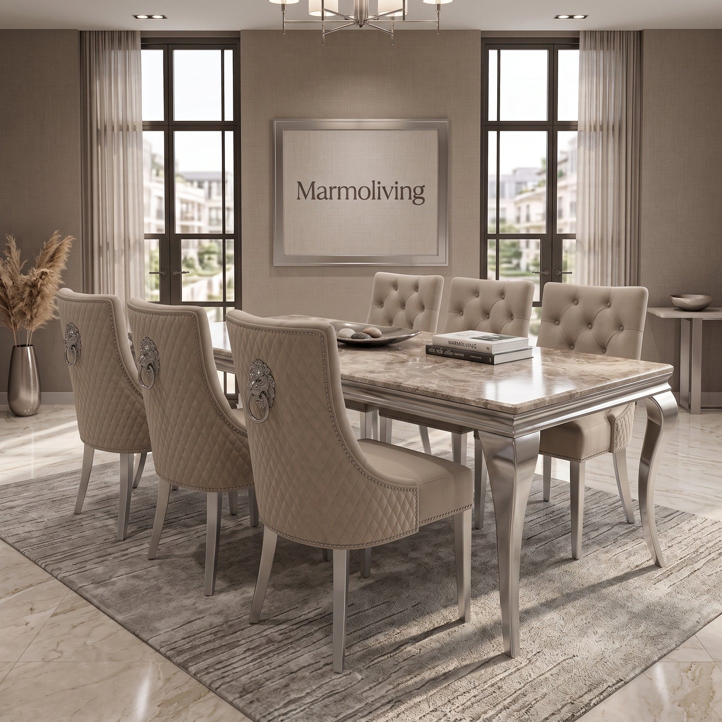 Louis Beige Marble Dining Set with Majestic Mink Velvet Chairs