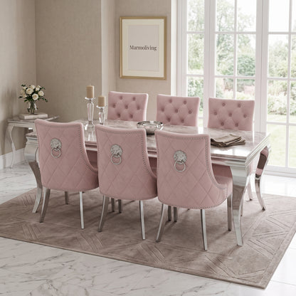Louis Beige Marble Dining Set with Majestic Pink Velvet Chairs
