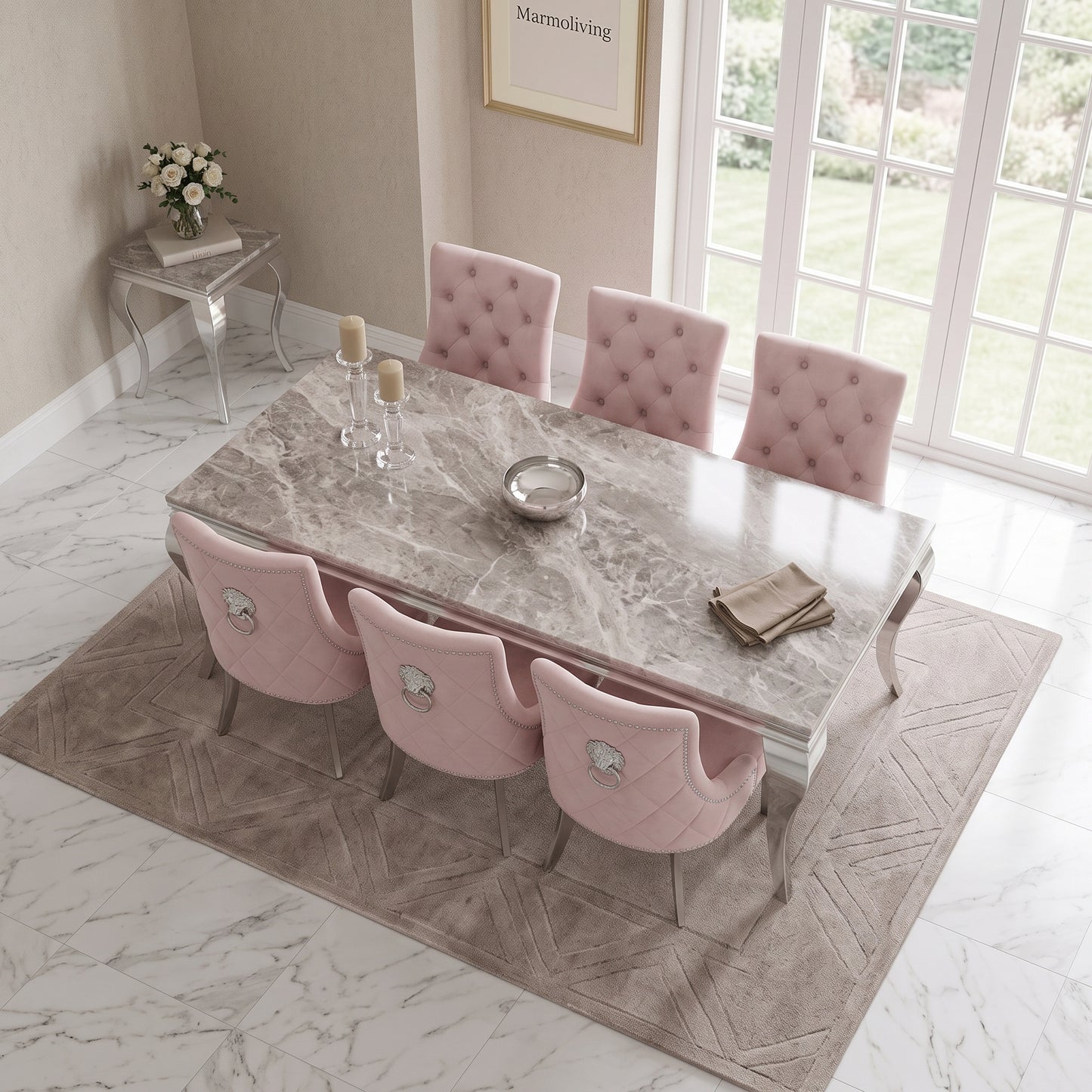 Louis Beige Marble Dining Set with Majestic Pink Velvet Chairs