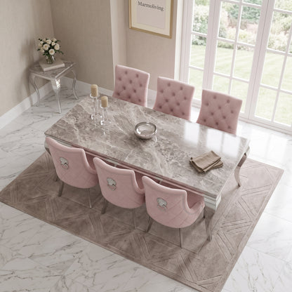 Louis Beige Marble Dining Set with Majestic Pink Velvet Chairs