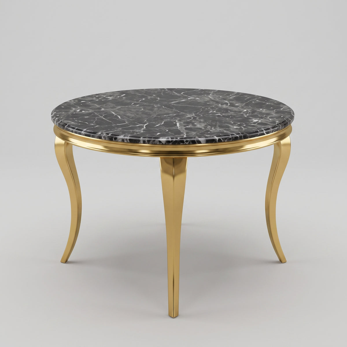 Louis Black Gold Marble Round Dining Set with Majestic Mink Velvet Chairs with Gold Legs