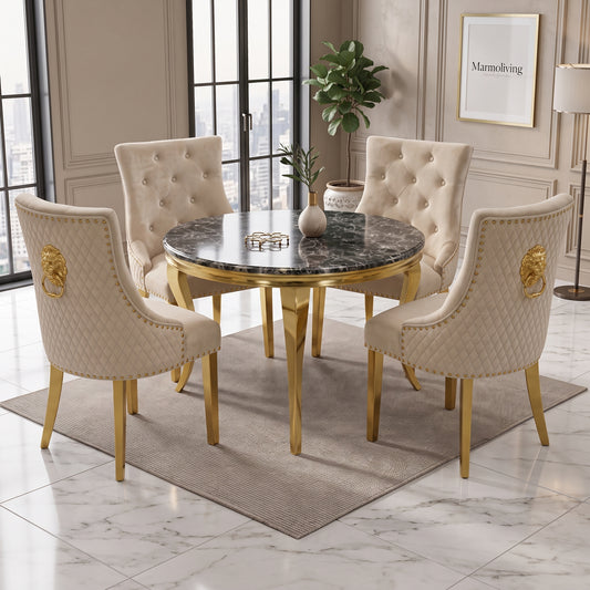 Louis Black Gold Marble Round Dining Set with Majestic Mink Velvet Chairs with Gold Legs