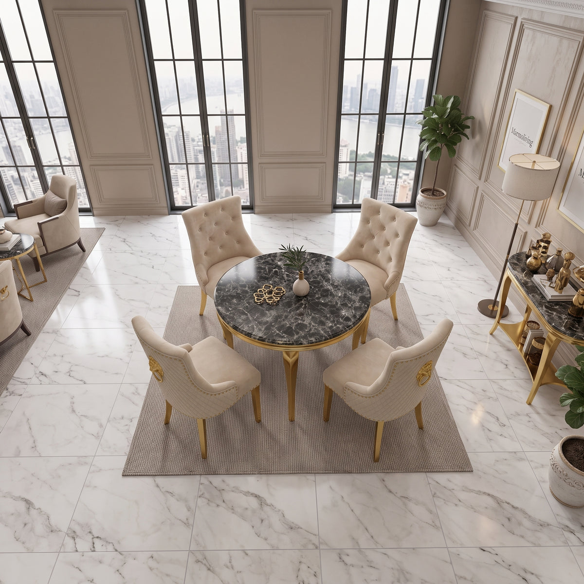 Louis Black Gold Marble Round Dining Set with Majestic Mink Velvet Chairs with Gold Legs