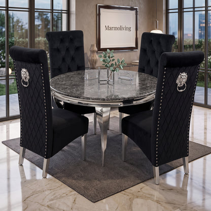 Louis Black Marble Round Dining Set with Lucy Black Velvet Chairs