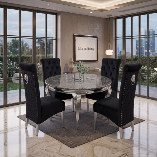 Louis Black Marble Round Dining Set with Lucy Black Velvet Chairs