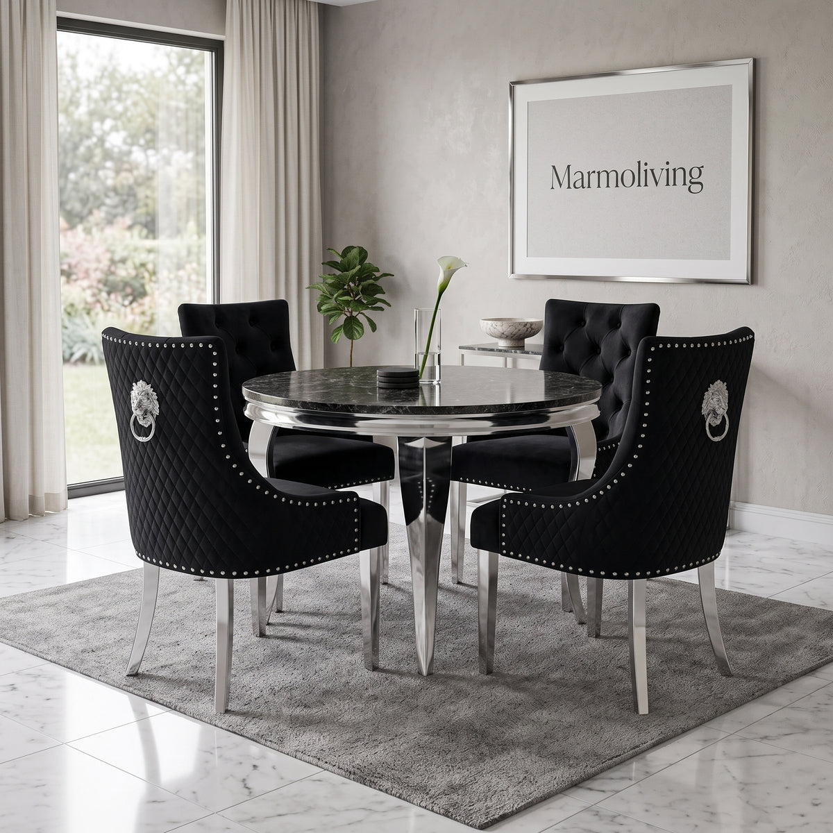 Louis Black Marble Round Dining Set with Majestic Black Velvet Chairs