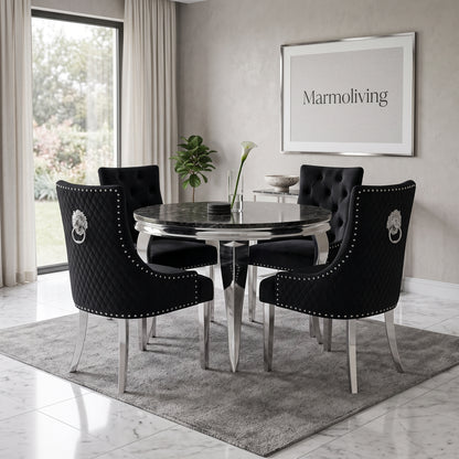 Louis Black Marble Round Dining Set with Majestic Black Velvet Chairs