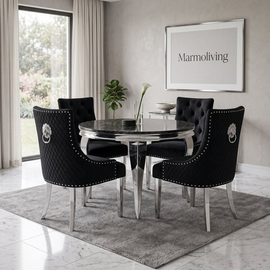 Louis Black Marble Round Dining Set with Majestic Black Velvet Chairs