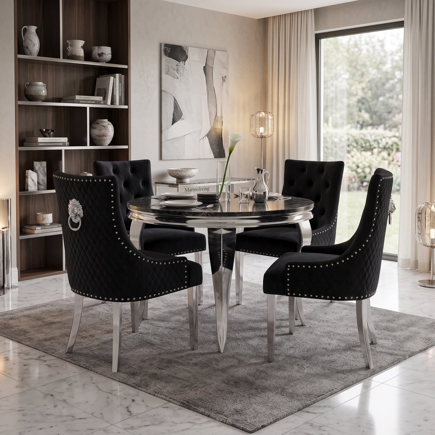 Louis Black Marble Round Dining Set with Majestic Black Velvet Chairs