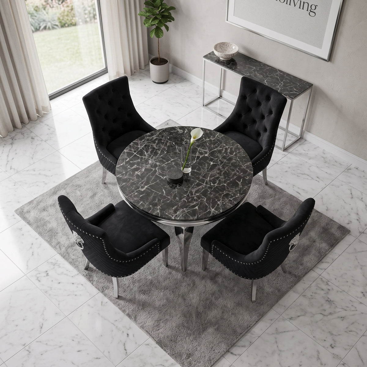 Louis Black Marble Round Dining Set with Majestic Black Velvet Chairs