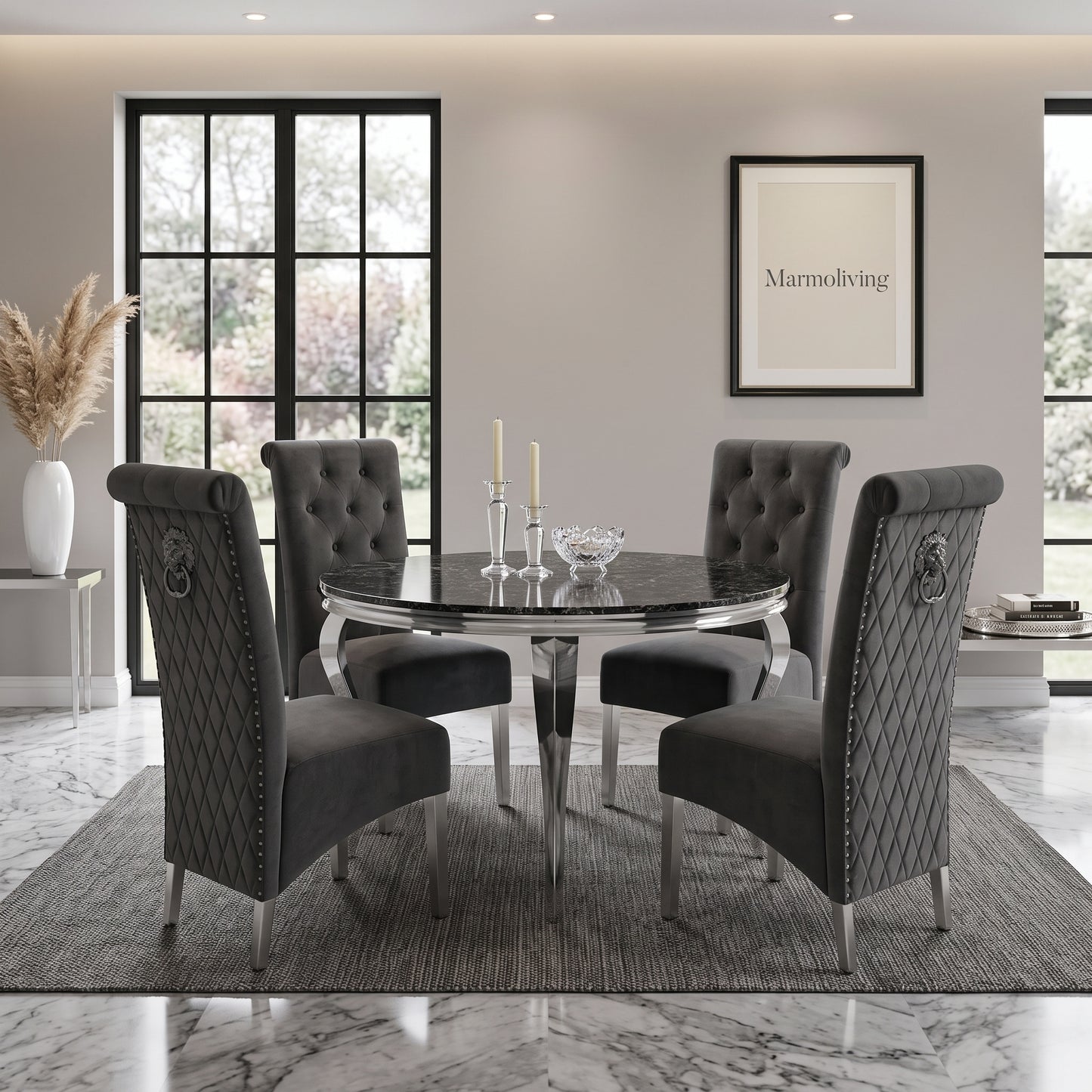 Louis Black Marble Round Dining Set with Lucy Dark Grey Velvet Chairs