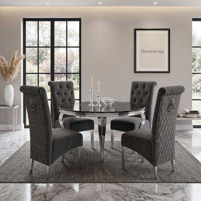 Louis Black Marble Round Dining Set with Lucy Dark Grey Velvet Chairs