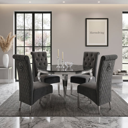Louis Black Marble Round Dining Set with Lucy Dark Grey Velvet Chairs