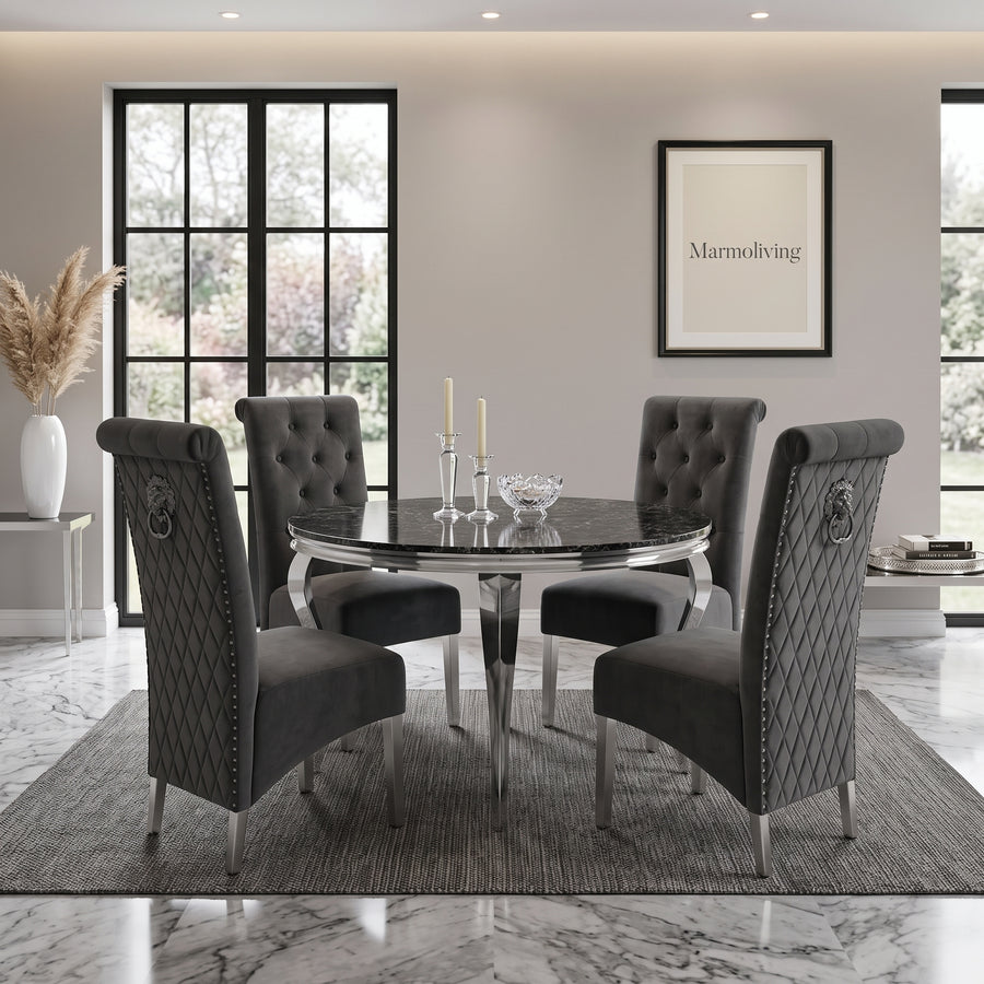 Louis Black Marble Round Dining Set with Lucy Dark Grey Velvet Chairs