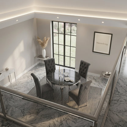 Louis Black Marble Round Dining Set with Lucy Dark Grey Velvet Chairs