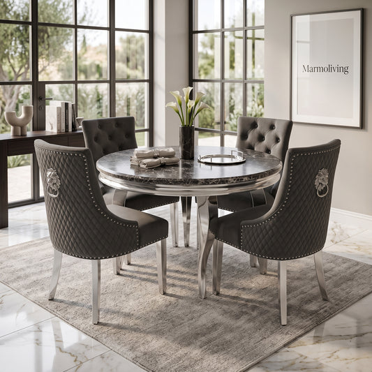 Louis Black Marble Round Dining Set with Majestic Dark Grey Velvet Chairs