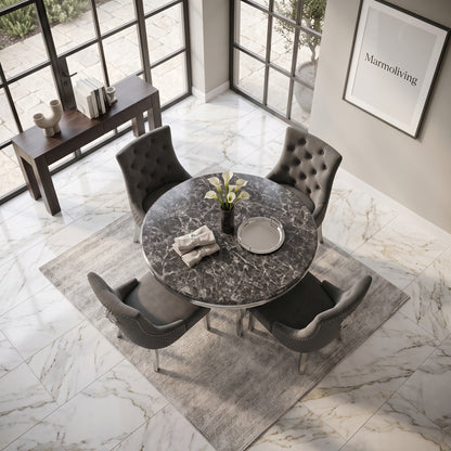 Louis Black Marble Round Dining Set with Majestic Dark Grey Velvet Chairs