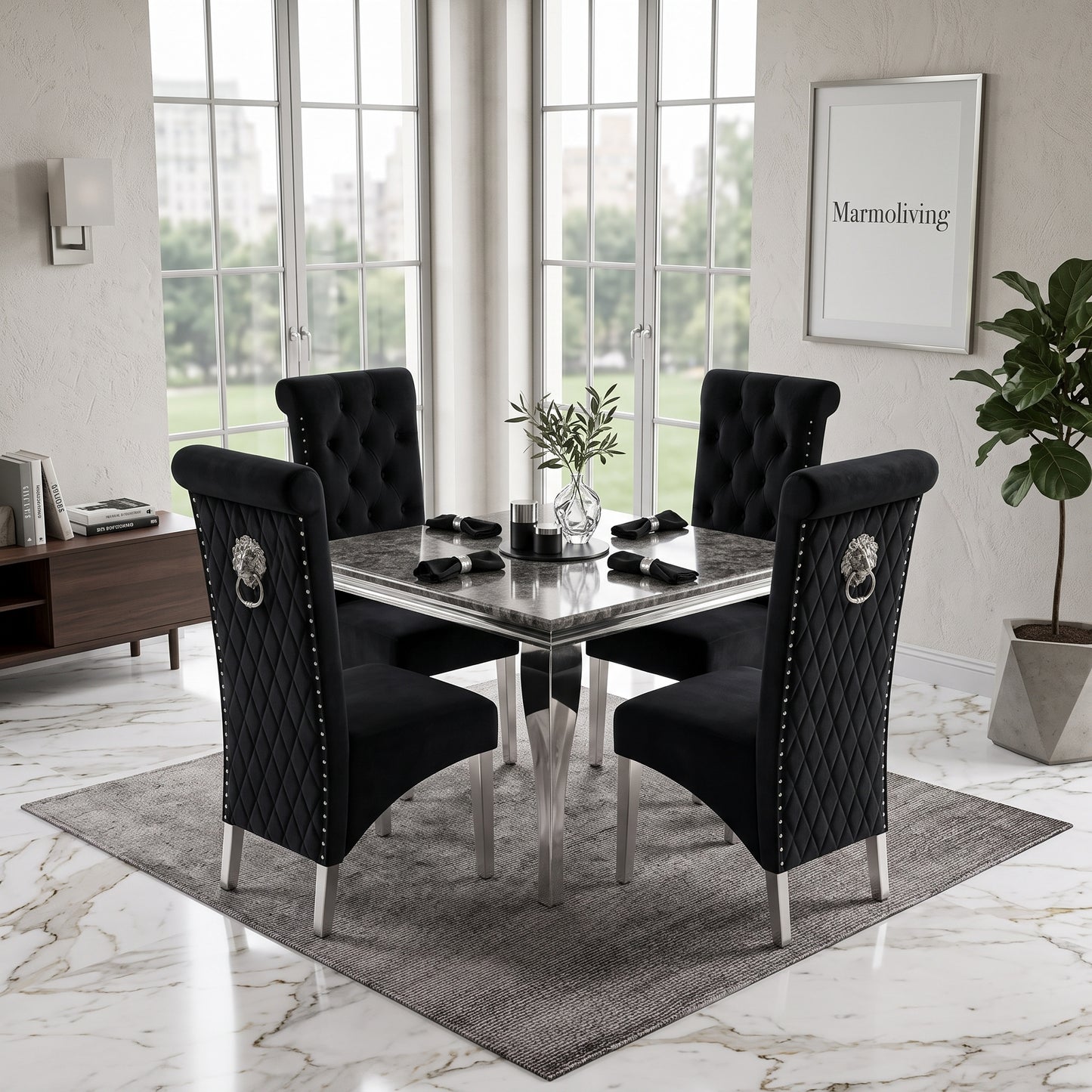 Louis Black Marble Square Dining Set with Lucy Black Velvet Chairs