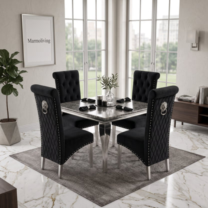 Louis Black Marble Square Dining Set with Lucy Black Velvet Chairs