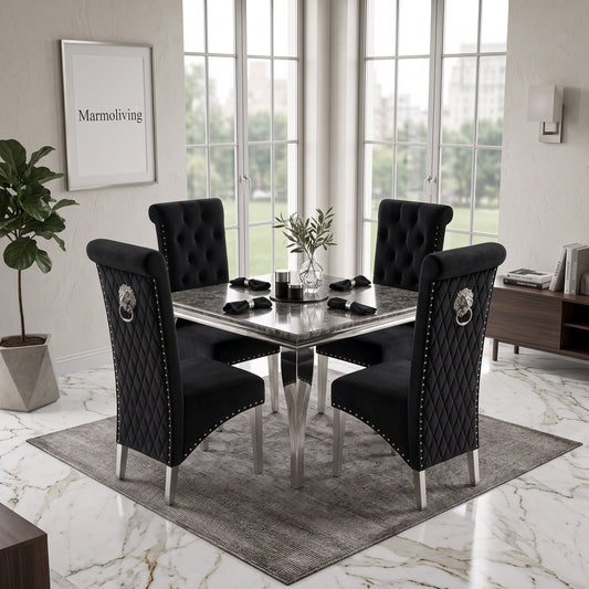 Louis Black Marble Square Dining Set with Lucy Black Velvet Chairs