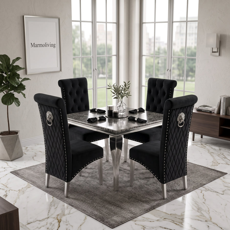 Louis Black Marble Square Dining Set with Lucy Black Velvet Chairs