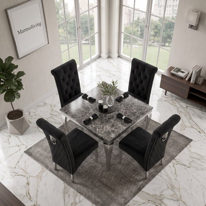 Louis Black Marble Square Dining Set with Lucy Black Velvet Chairs