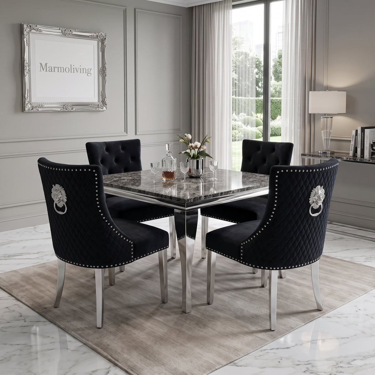 Louis Black Marble Square Dining Set with Majestic Black Velvet Chairs