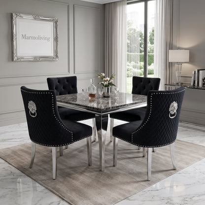 Louis Black Marble Square Dining Set with Majestic Black Velvet Chairs