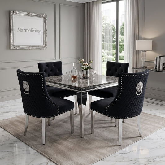 Louis Black Marble Square Dining Set with Majestic Black Velvet Chairs