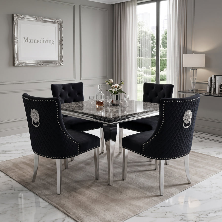 Louis Black Marble Square Dining Set with Majestic Black Velvet Chairs