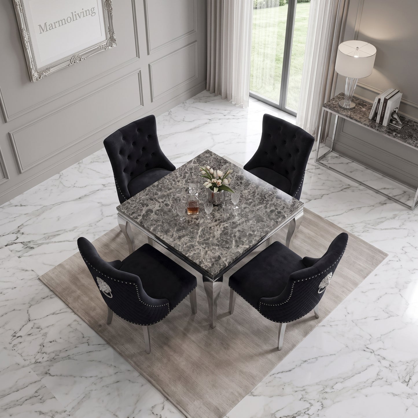 Louis Black Marble Square Dining Set with Majestic Black Velvet Chairs