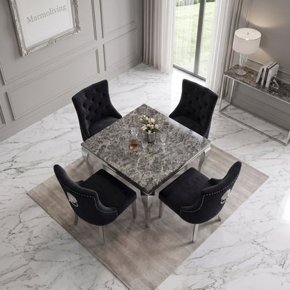 Louis Black Marble Square Dining Set with Majestic Black Velvet Chairs