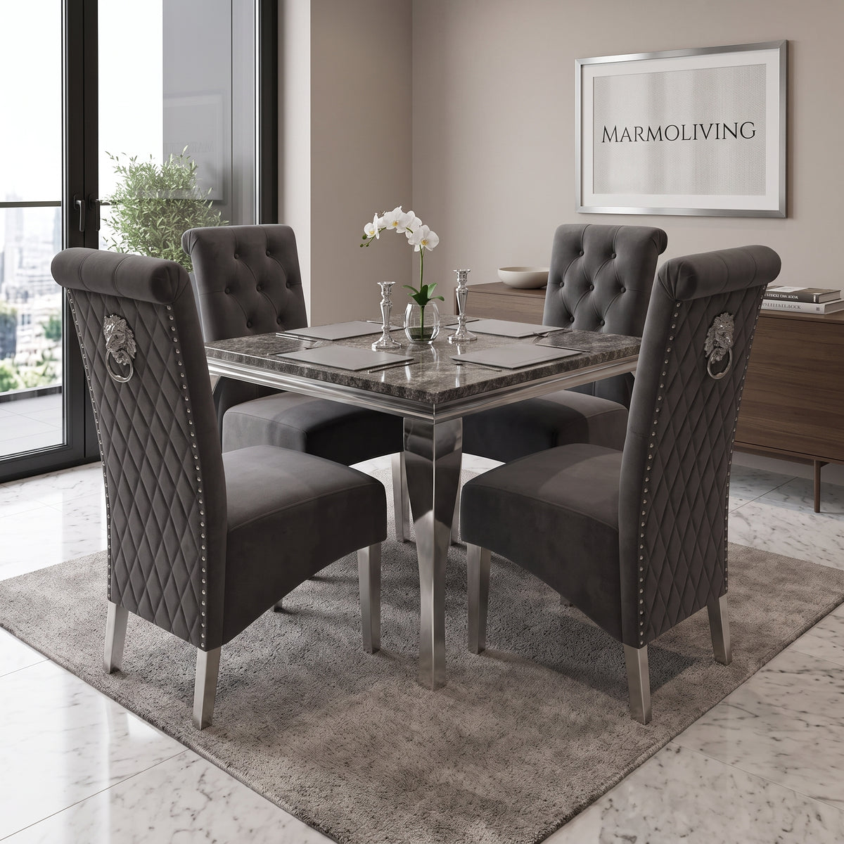 Louis Black Marble Square Dining Set with Lucy Dark Grey Velvet Chairs