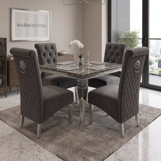 Louis Black Marble Square Dining Set with Lucy Dark Grey Velvet Chairs