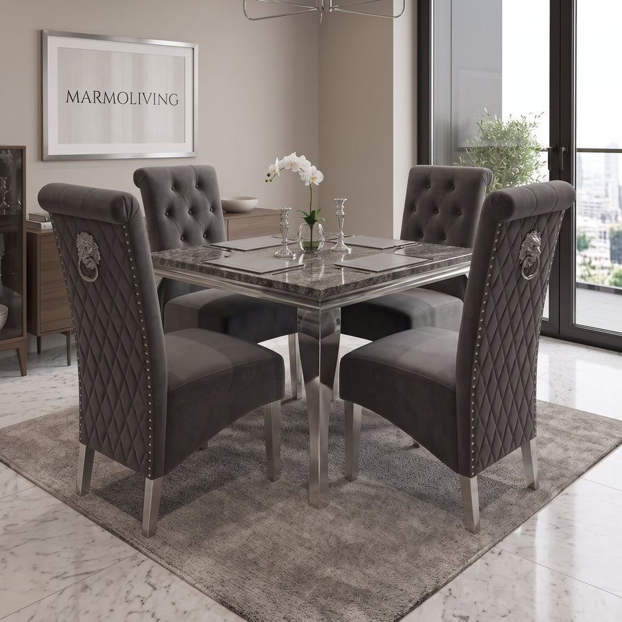 Louis Black Marble Square Dining Set with Lucy Dark Grey Velvet Chairs