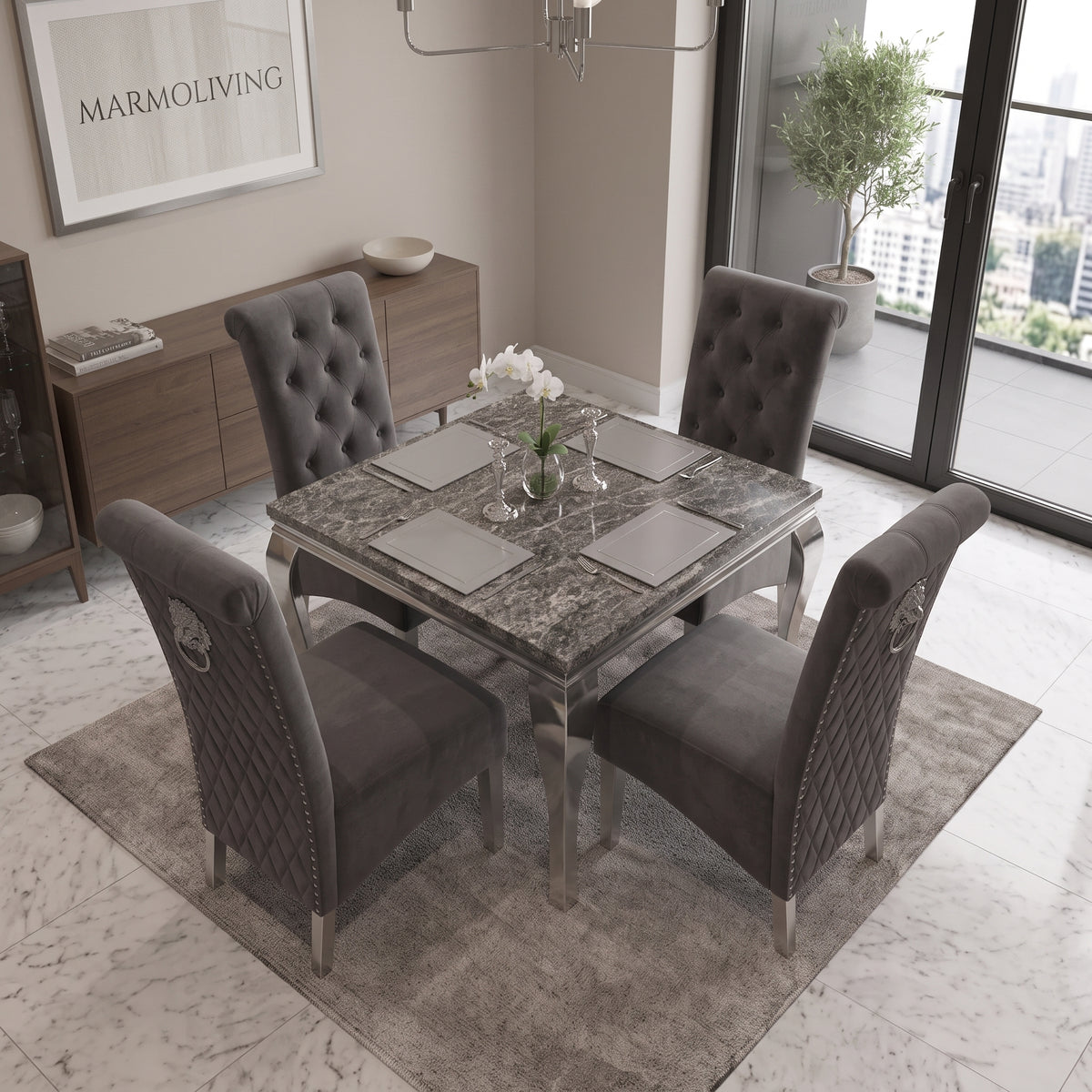 Louis Black Marble Square Dining Set with Lucy Dark Grey Velvet Chairs
