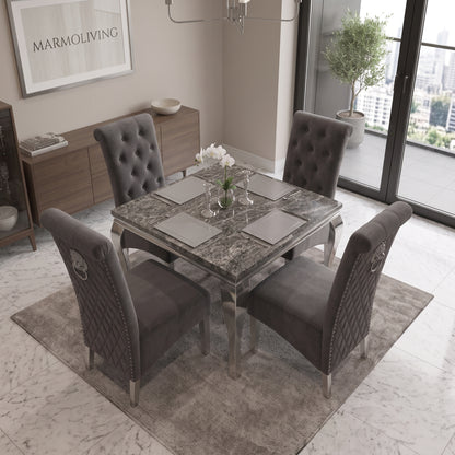 Louis Black Marble Square Dining Set with Lucy Dark Grey Velvet Chairs