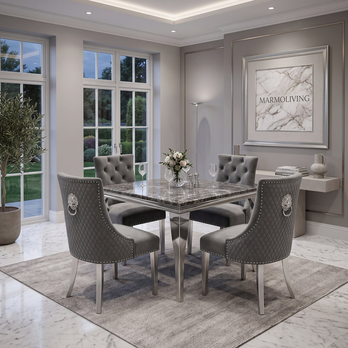 Louis Black Marble Square Dining Set with Majestic Dark Grey Velvet Chairs