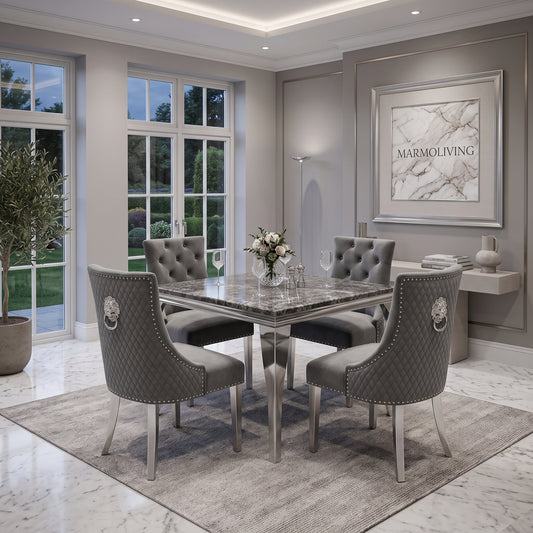 Louis Black Marble Square Dining Set with Majestic Dark Grey Velvet Chairs