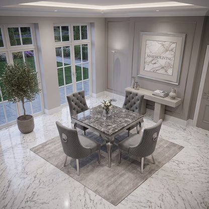 Louis Black Marble Square Dining Set with Majestic Dark Grey Velvet Chairs