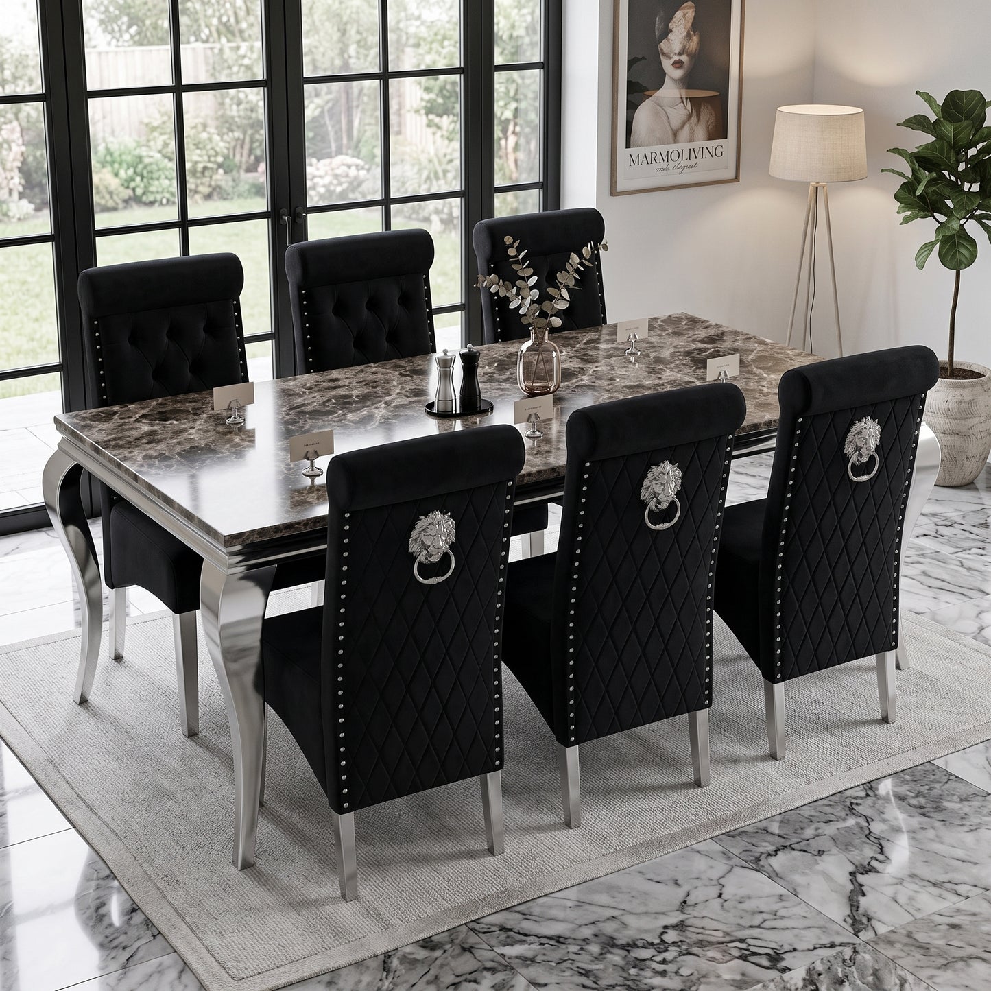 Louis Black Marble Dining Set with Lucy Black Velvet Chairs