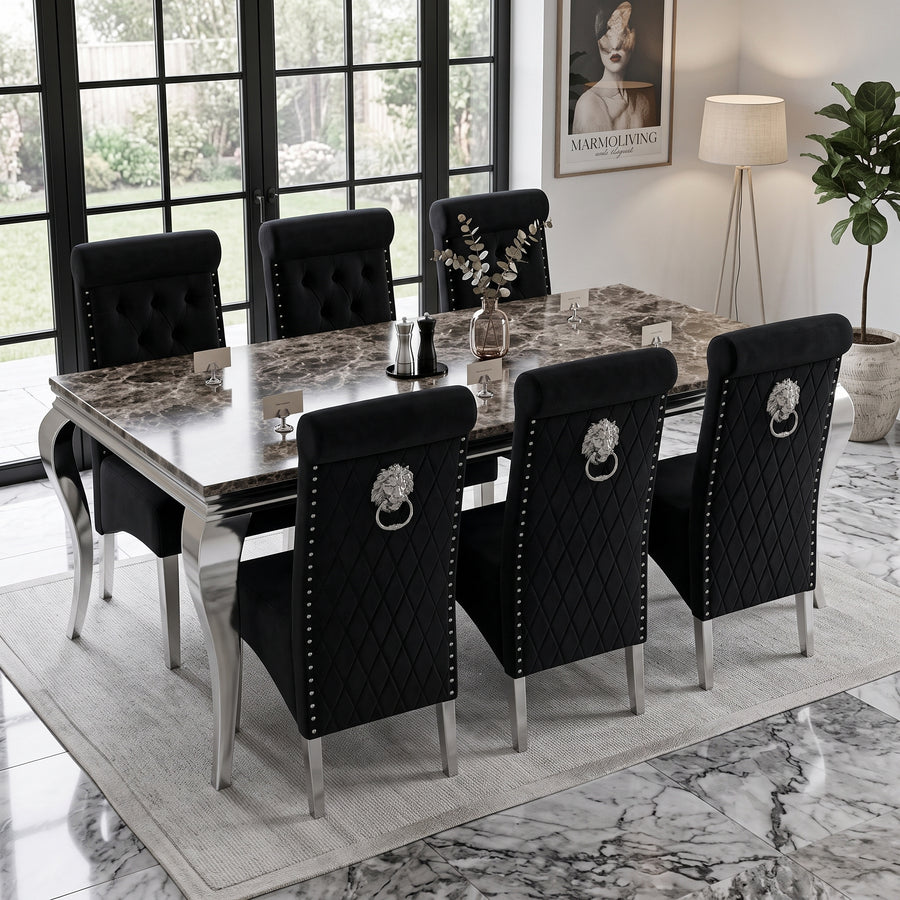 Louis Black Marble Dining Set with Lucy Black Velvet Chairs