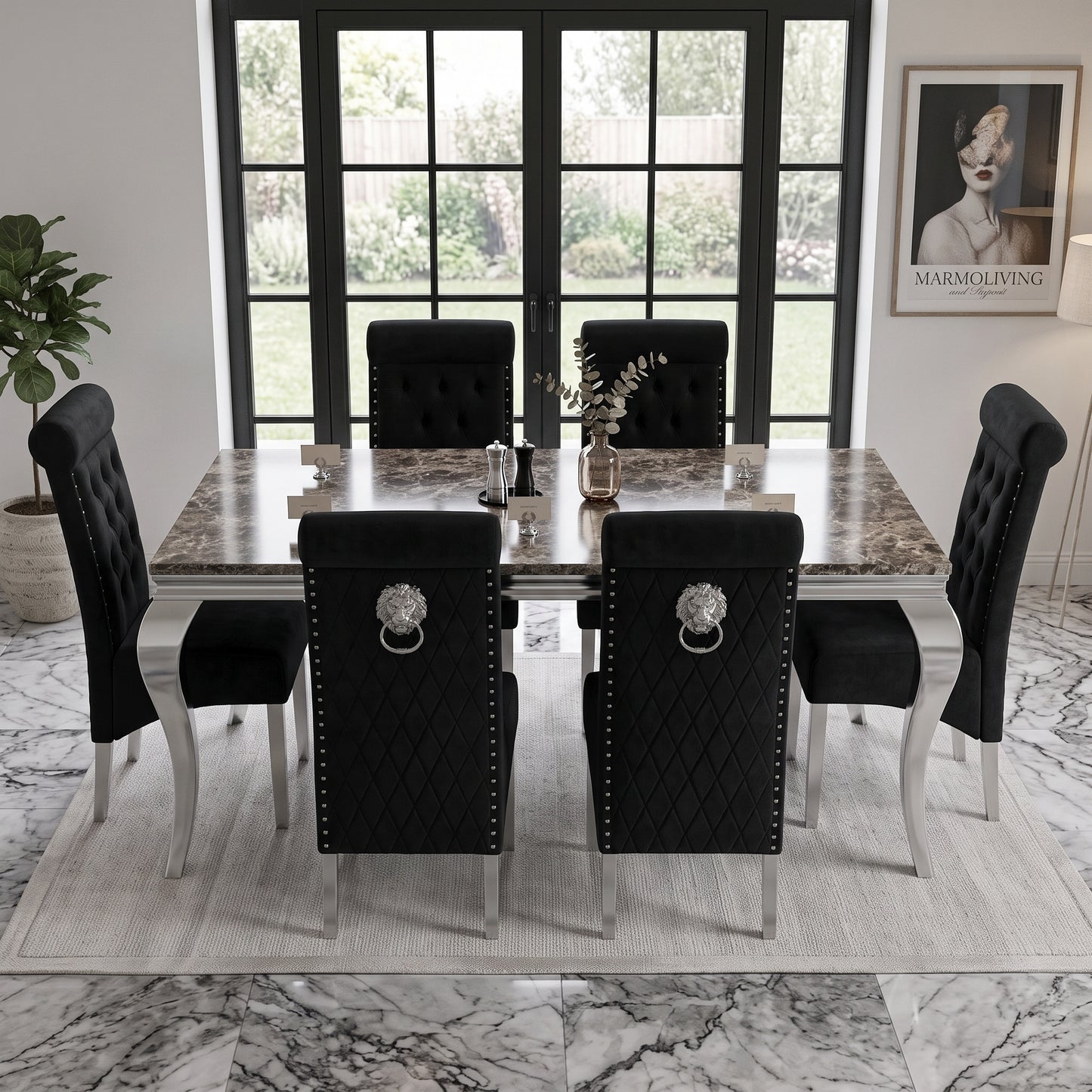 Louis Black Marble Dining Set with Lucy Black Velvet Chairs