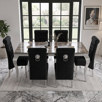 Louis Black Marble Dining Set with Lucy Black Velvet Chairs