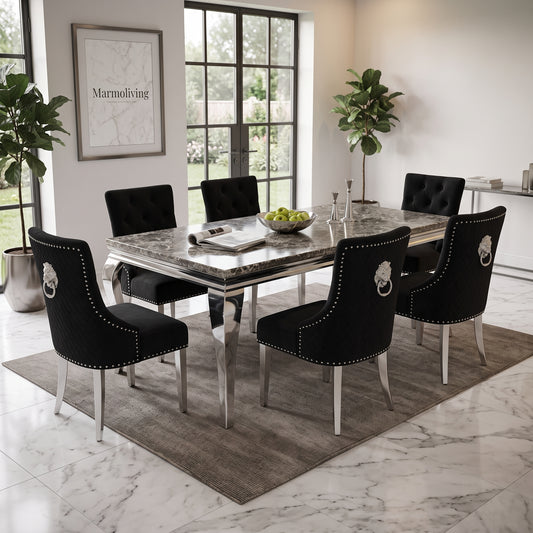 Louis Black Marble Dining Set with Majestic Black Velvet Chairs