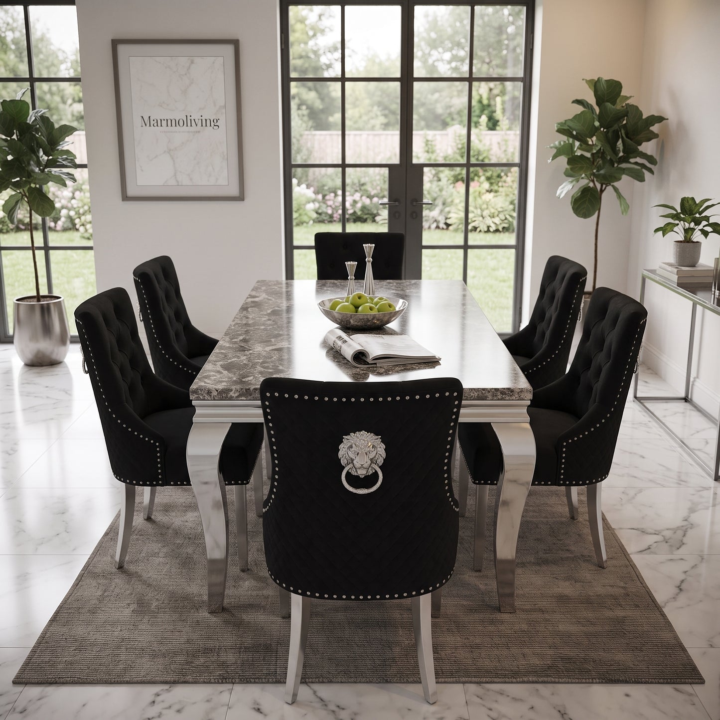 Louis Black Marble Dining Set with Majestic Black Velvet Chairs