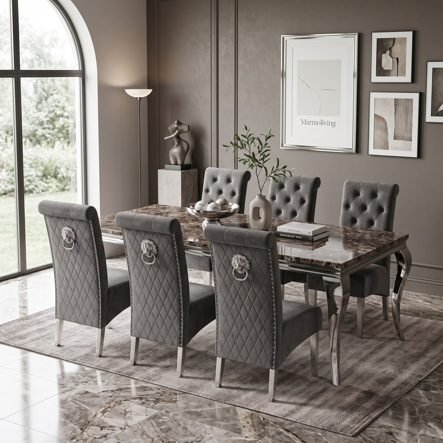 Louis Black Marble Dining Set with Lucy Dark Grey Velvet Chairs