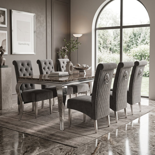 Louis Black Marble Dining Set with Lucy Dark Grey Velvet Chairs